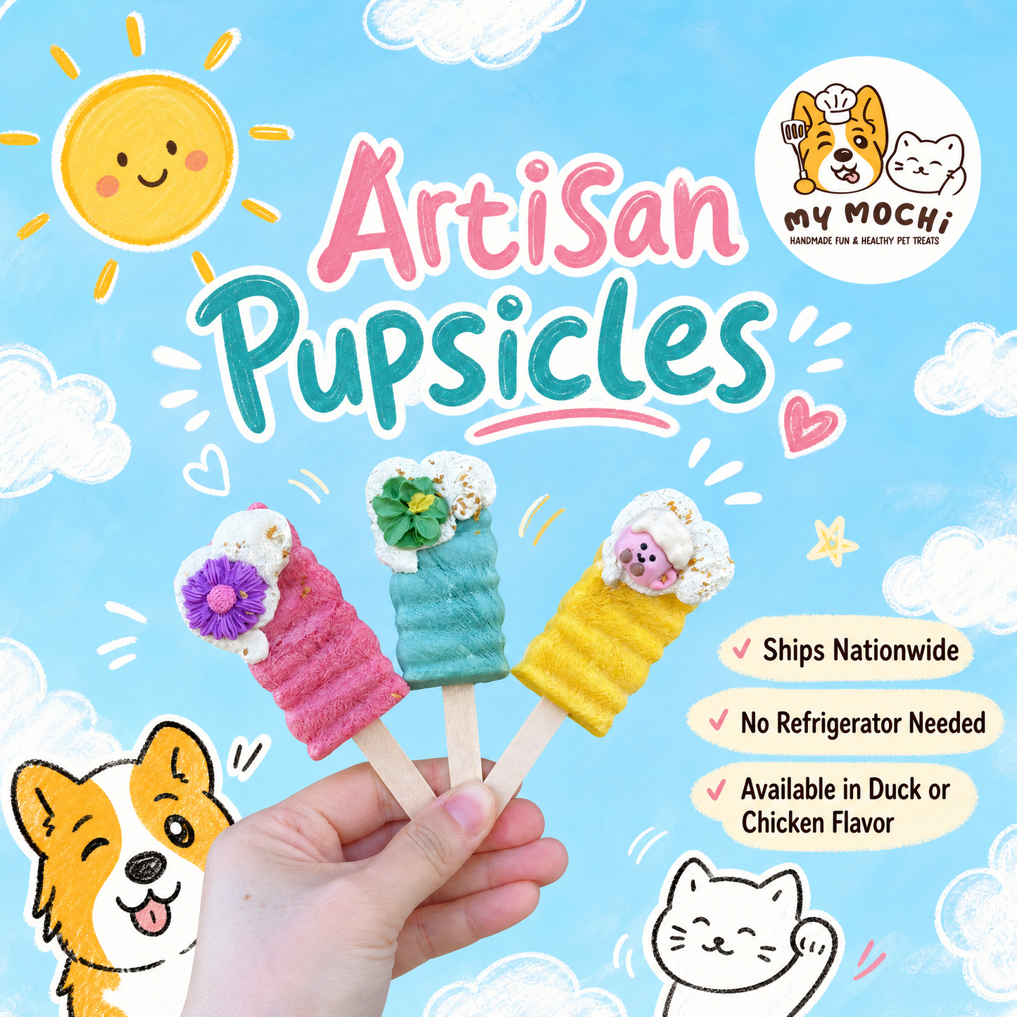 MyMochi Artisan Pupsicles | Chicken or Duck | Meat Based | Soft Crunchie | 3ct Assorted Designs